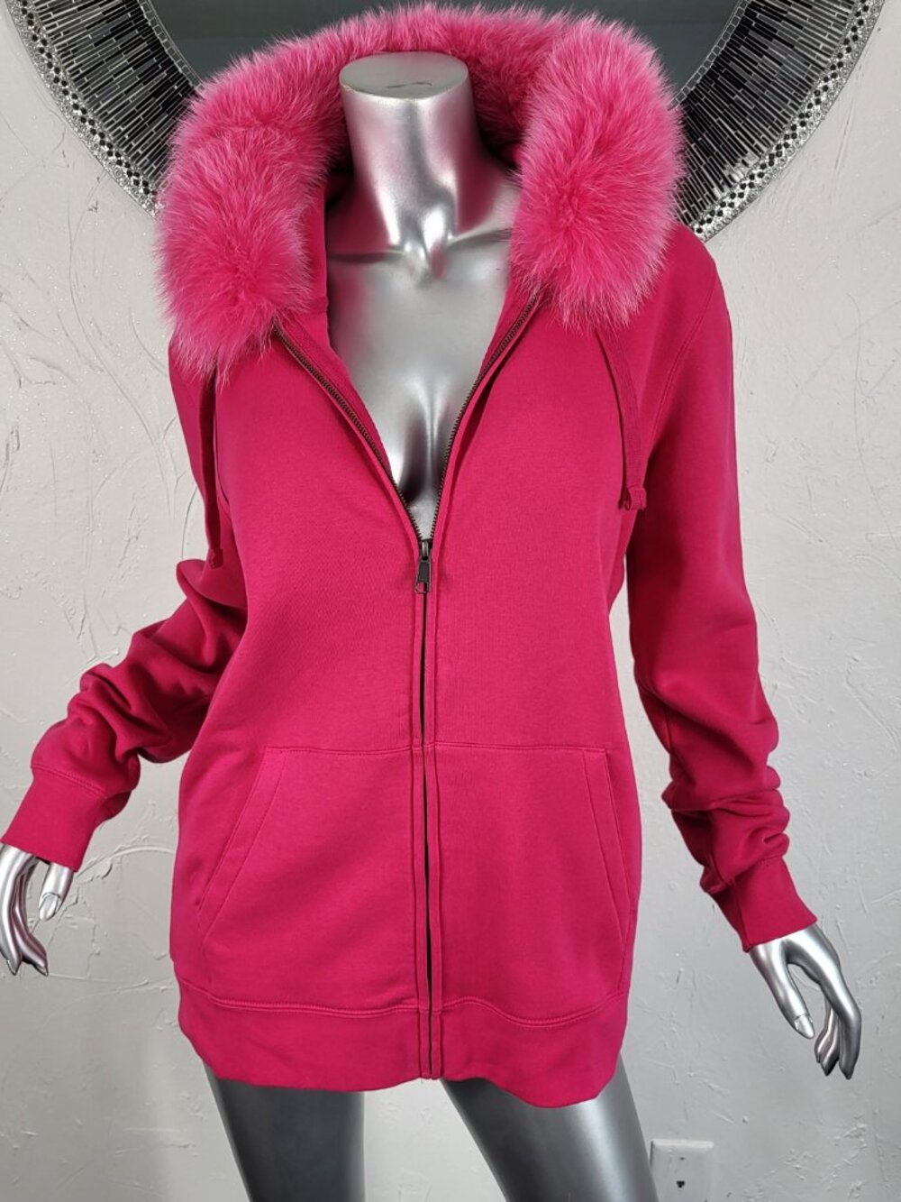 NWT~$240~REGINA~L~PINK GENUINE REAL FOX FUR TRIM ZIP FRONT HOODIE COAT JACKET